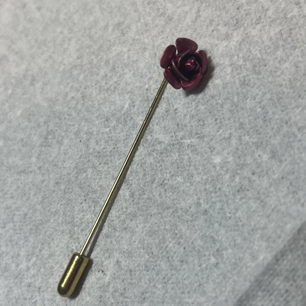 Vintage Stick Pin Red Rose Flower Gold Tone Lapel Hat Brooch Estate Jewelry 2.5